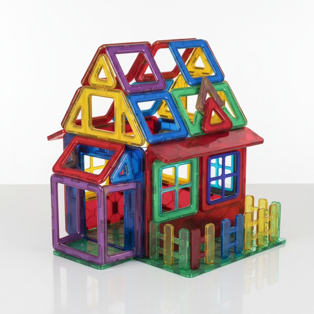 Colorful magnetic building tiles forming geometric structures on white surface