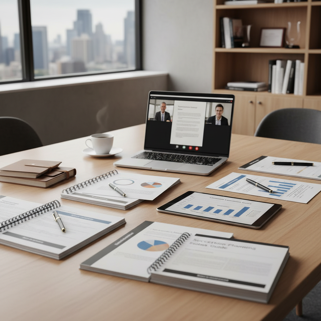 Video conference call on laptop screen in modern bright office environment