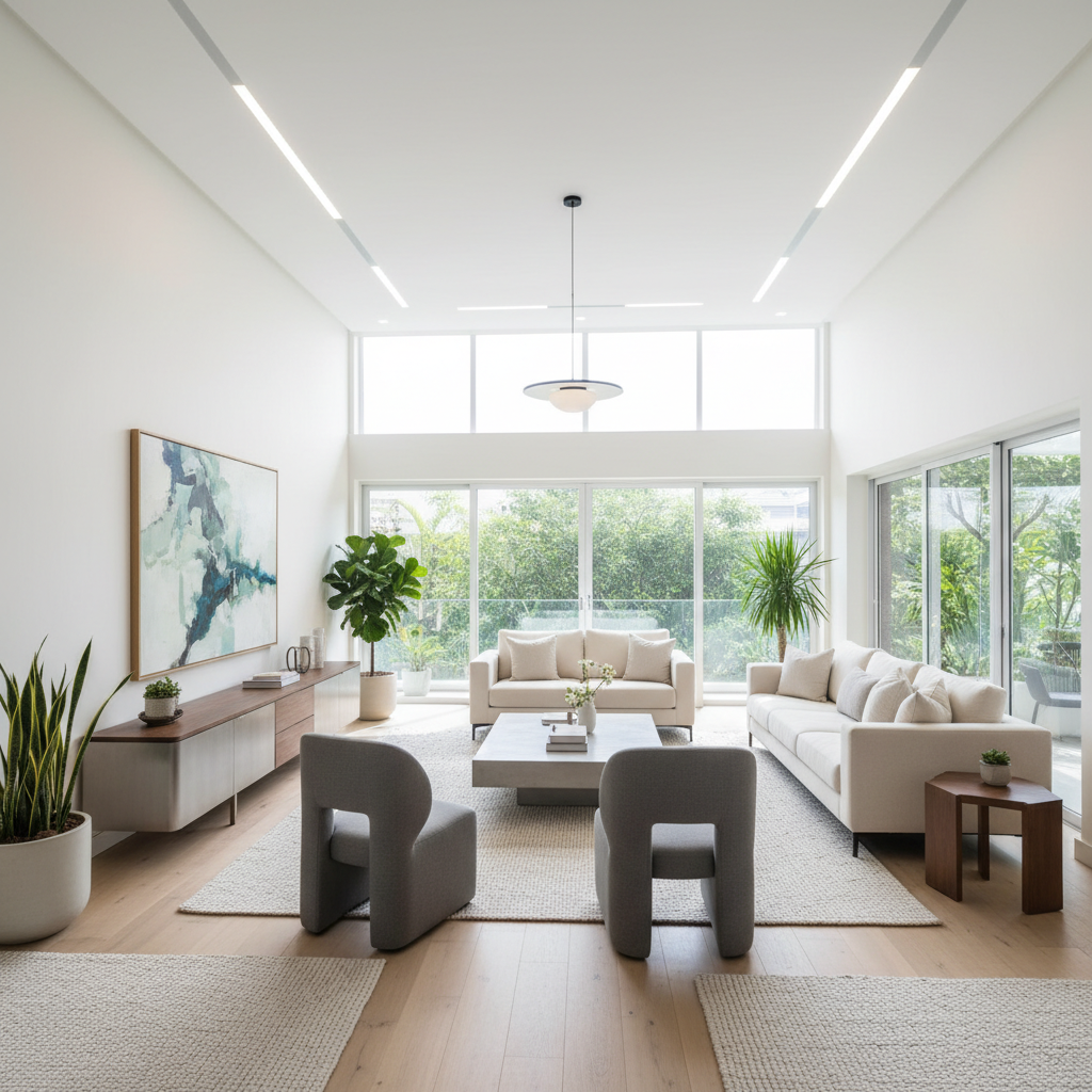 Spacious modern living room with large windows and minimalist furniture, bright natural daylight