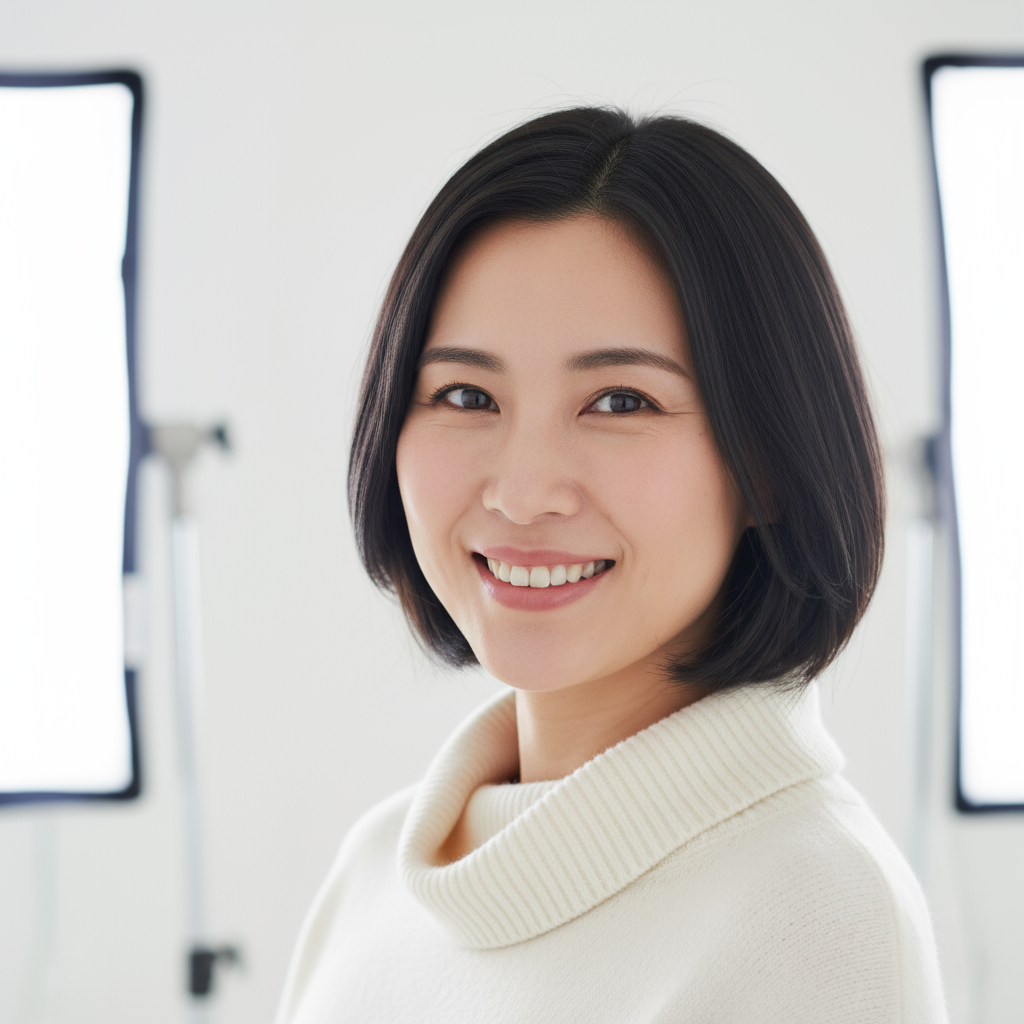 Asian woman with long straight black hair wearing white blouse in bright studio