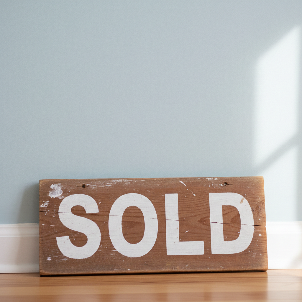 Sold sign leaning against a freshly painted hallway wall
