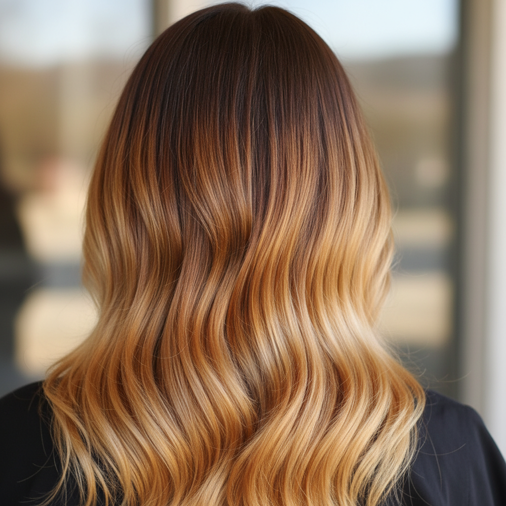 Hair showing seamless gradient from dark root to golden blonde ends with soft diffused transition