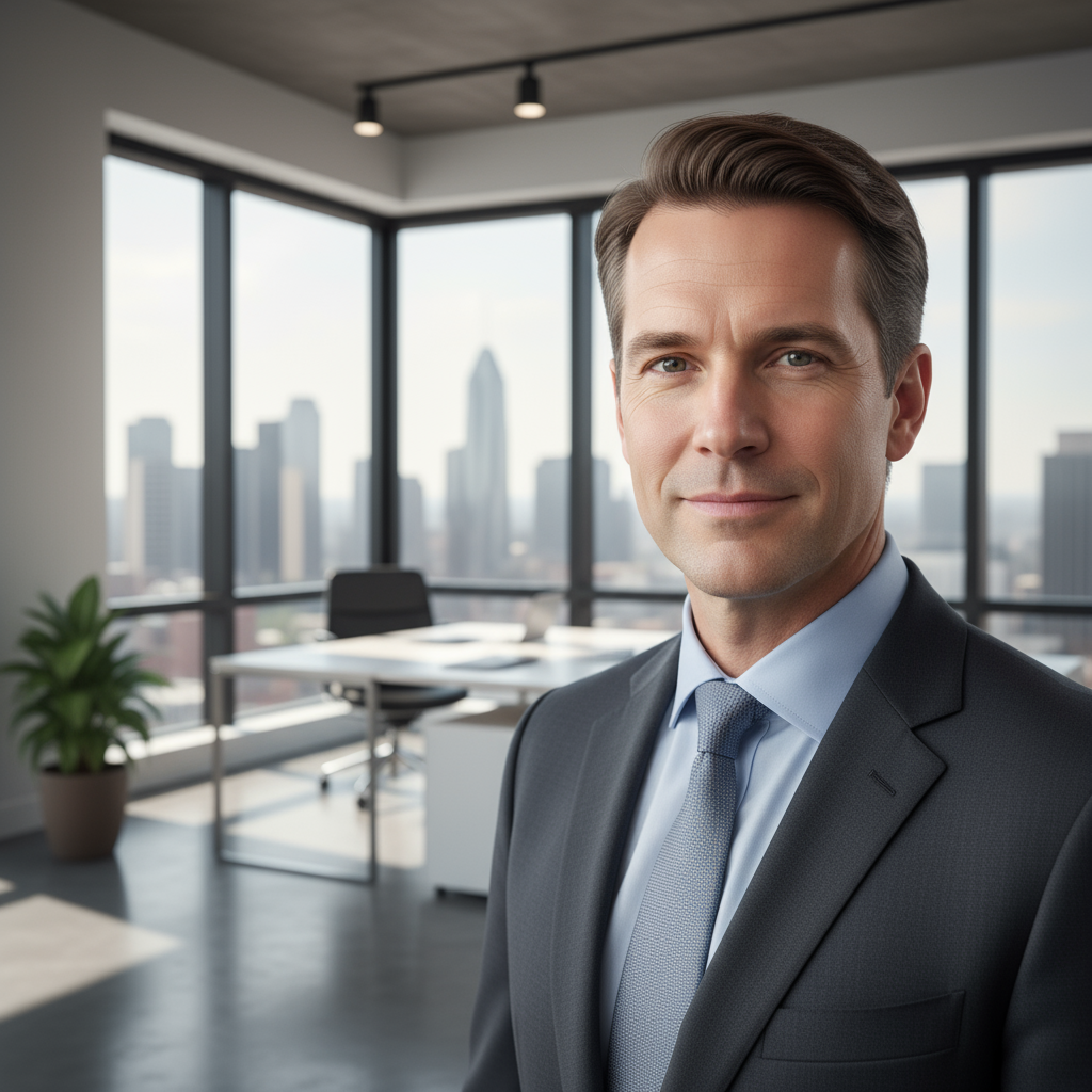 Professional headshot of a male CEO in a dark suit, confident expression, light neutral background