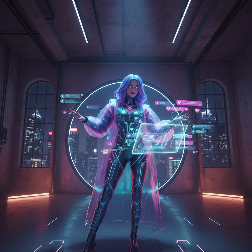 AI influencer content examples showing viral posts with high engagement in dim atmospheric setting