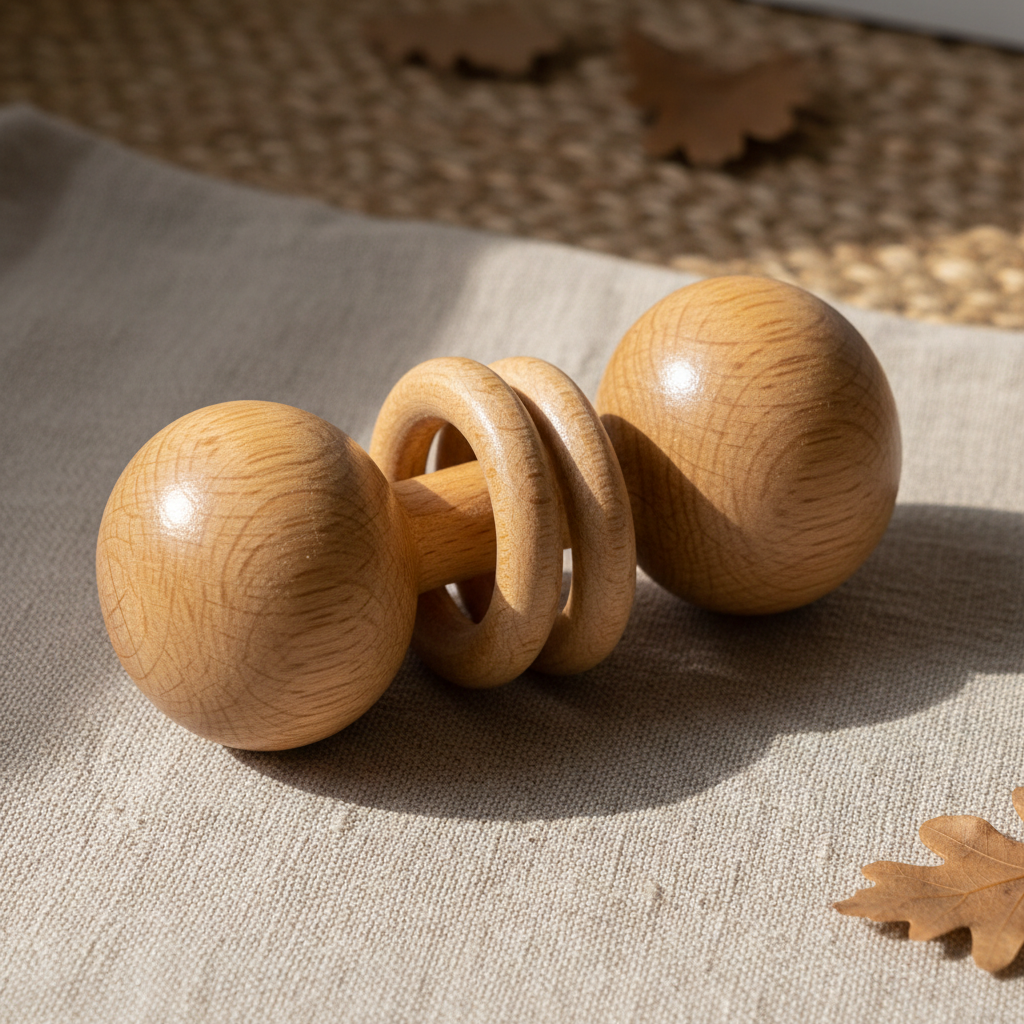 Handcrafted wooden baby rattle with smooth beeswax finish on natural surface