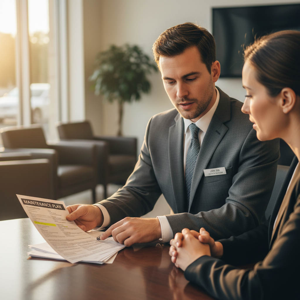 Asesor comercial atendiendo a un cliente en sala de reuniones con ambiente profesional