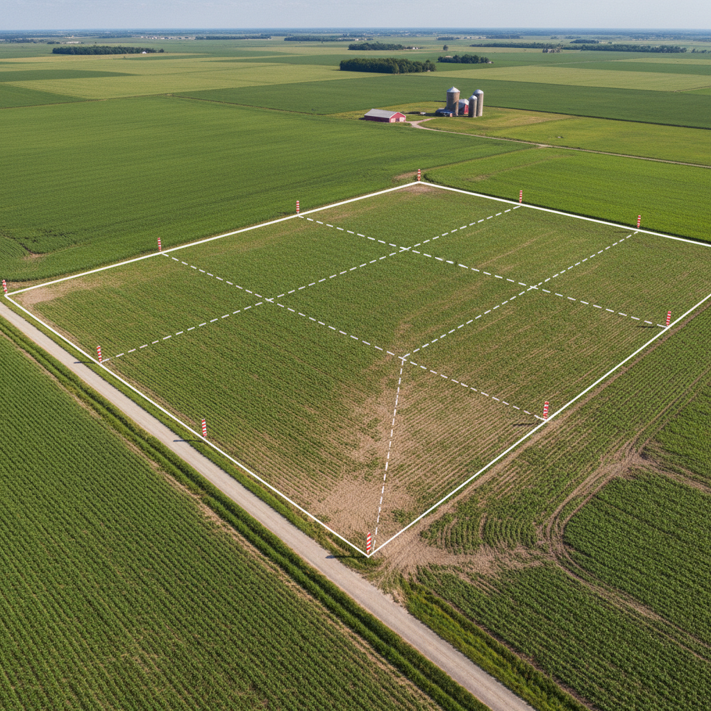 Aerial photograph of parcel boundary with lot lines overlaid and survey stakes visible in agricultural land