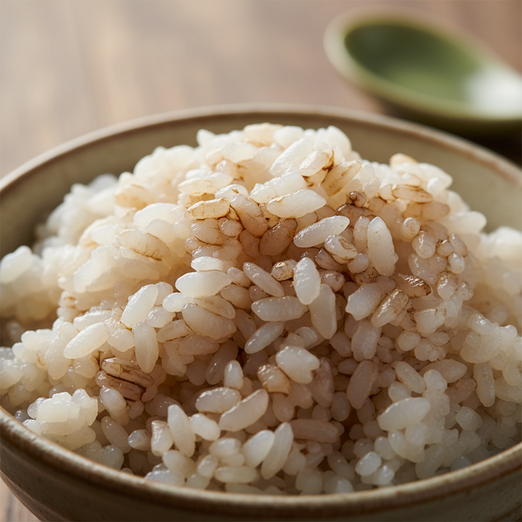 Short-grain Japanese rice in a bowl, glossy and compact, with black vinegar sheen