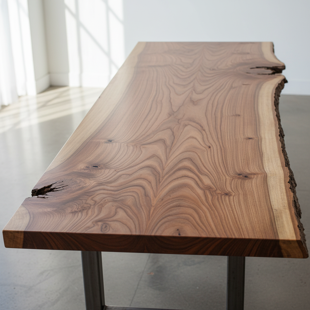 American elm slab with interlocked grain creating sweeping cathedral figure, natural edge with bark inclusion on one side