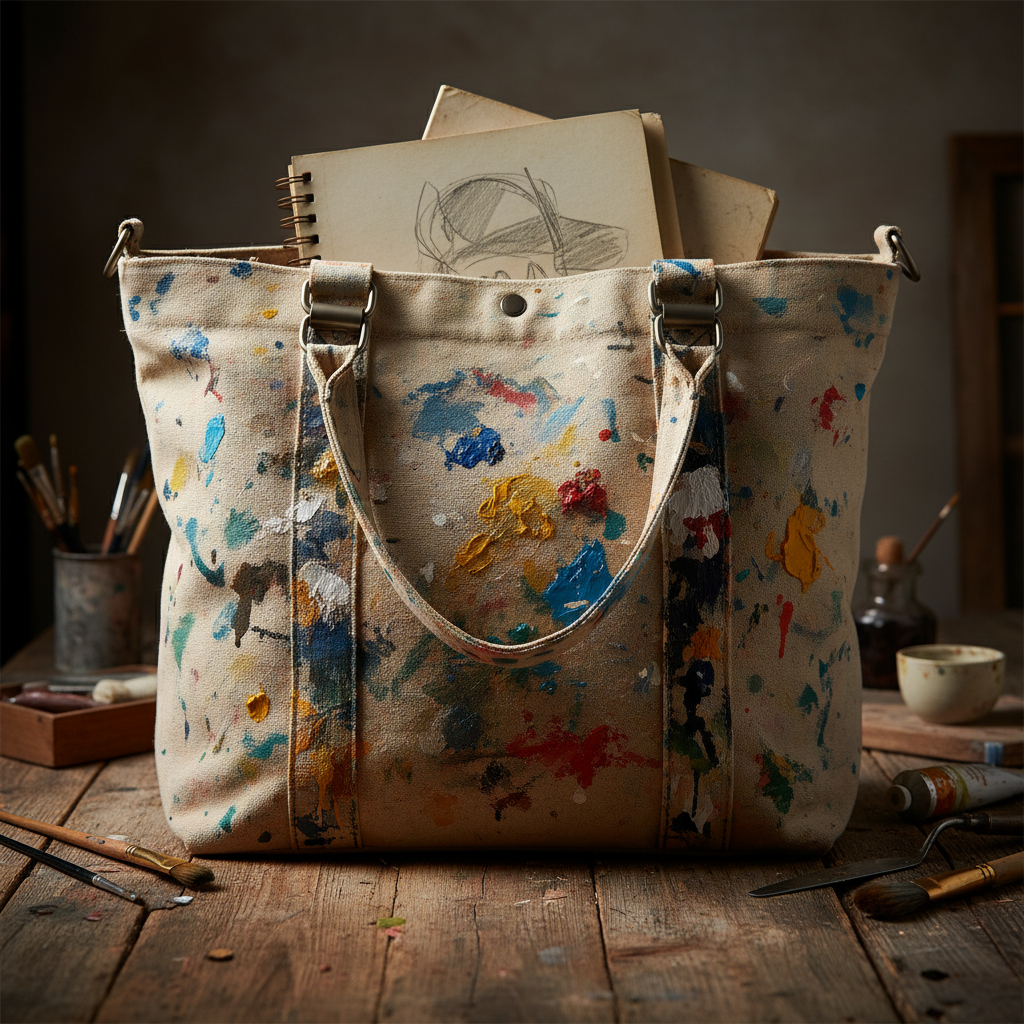 Raw canvas studio tote with paint stains and matte chrome clips, open showing sketchbooks