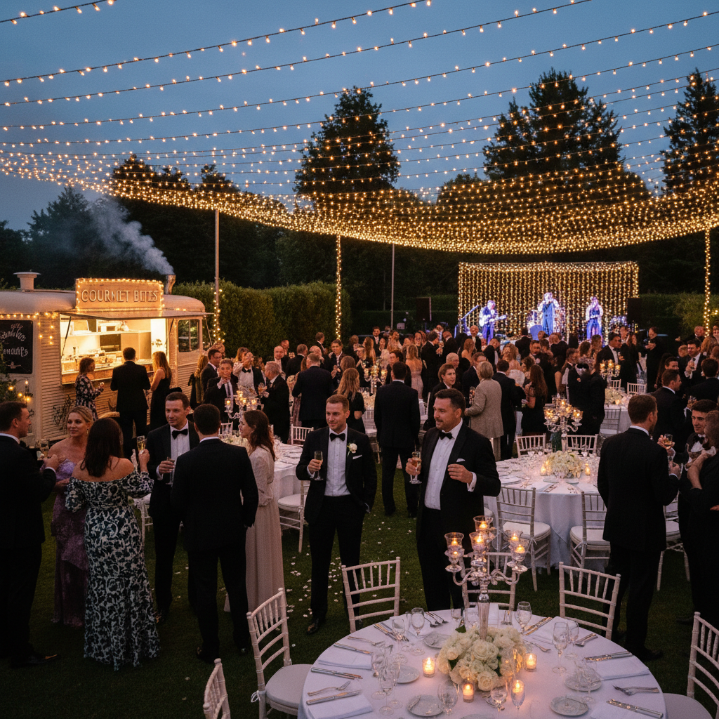 Elegant wedding reception at dusk with fairy lights, guests in formal wear, and a food truck service station in the background