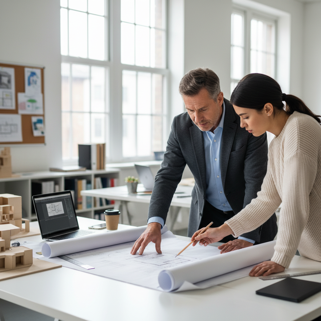 Architect reviewing construction blueprints on a bright desk, well-lit office with natural light
