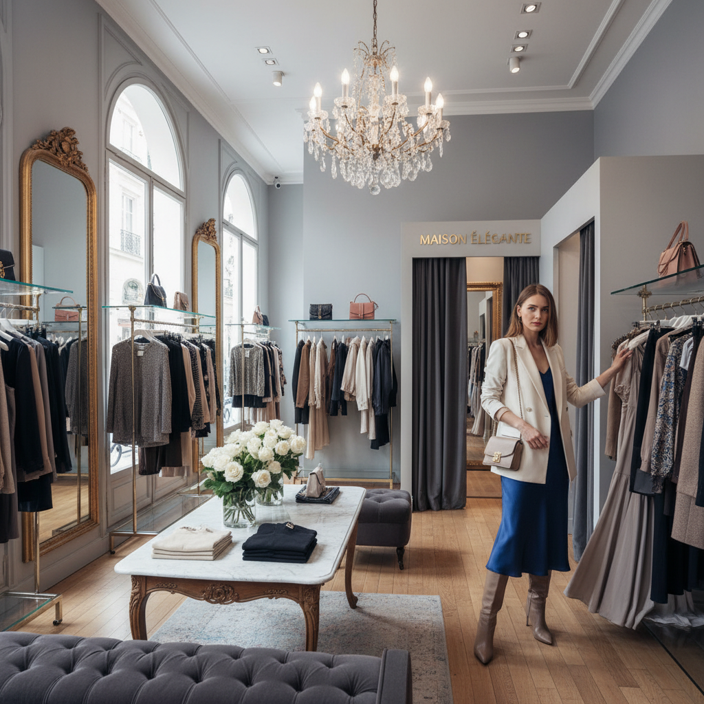 Mujer elegante comprando en boutique de moda, ambiente cálido e iluminado