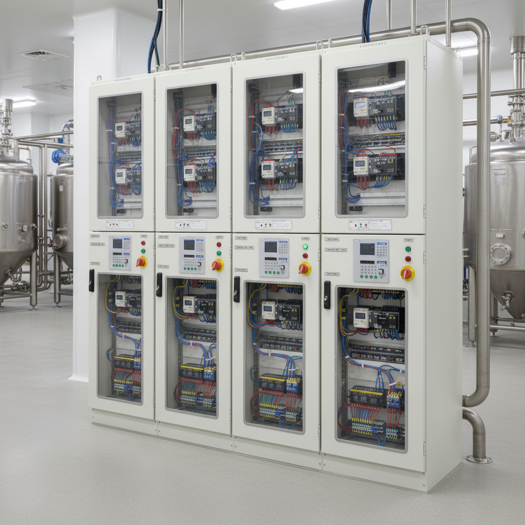 Motor control center panel with multiple motor starter compartments, protection relays, and control wiring in a pharmaceutical plant