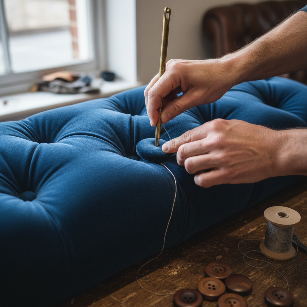 Upholsterer working on button tufting detail on chesterfield back panel