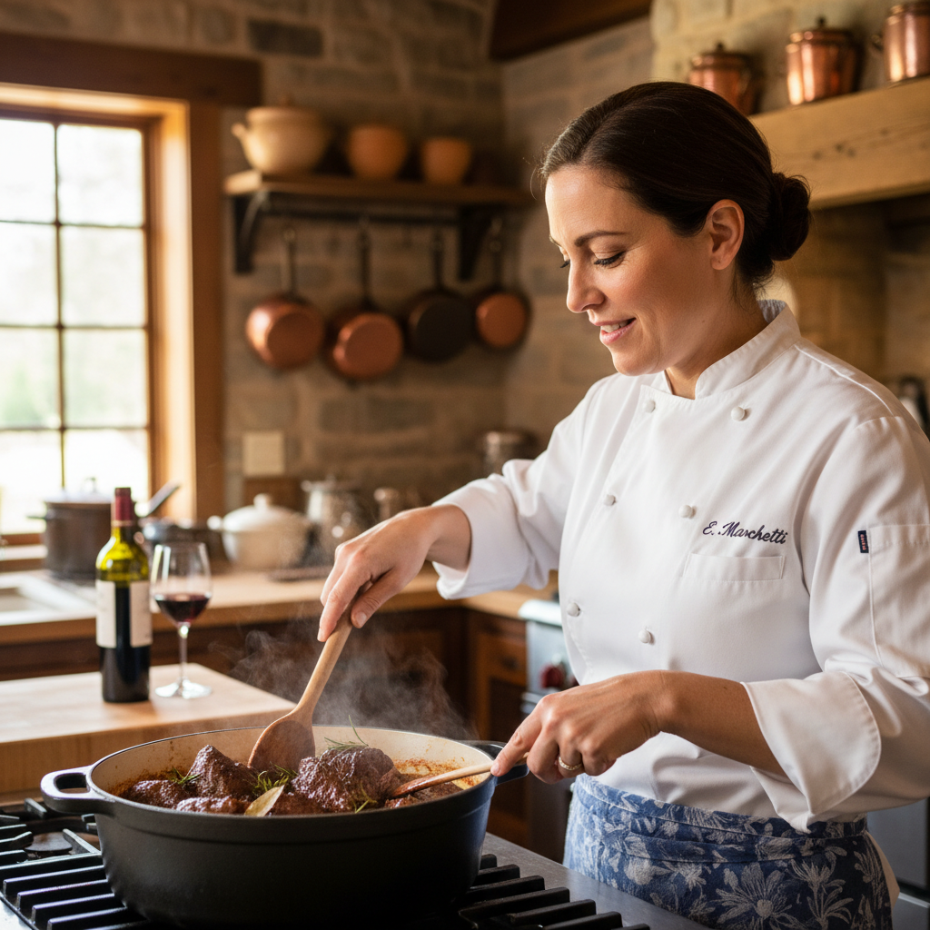 Chef Elena Marchetti standing in her kitchen in Sonoma, California, stirring a Dutch oven of braised short ribs
