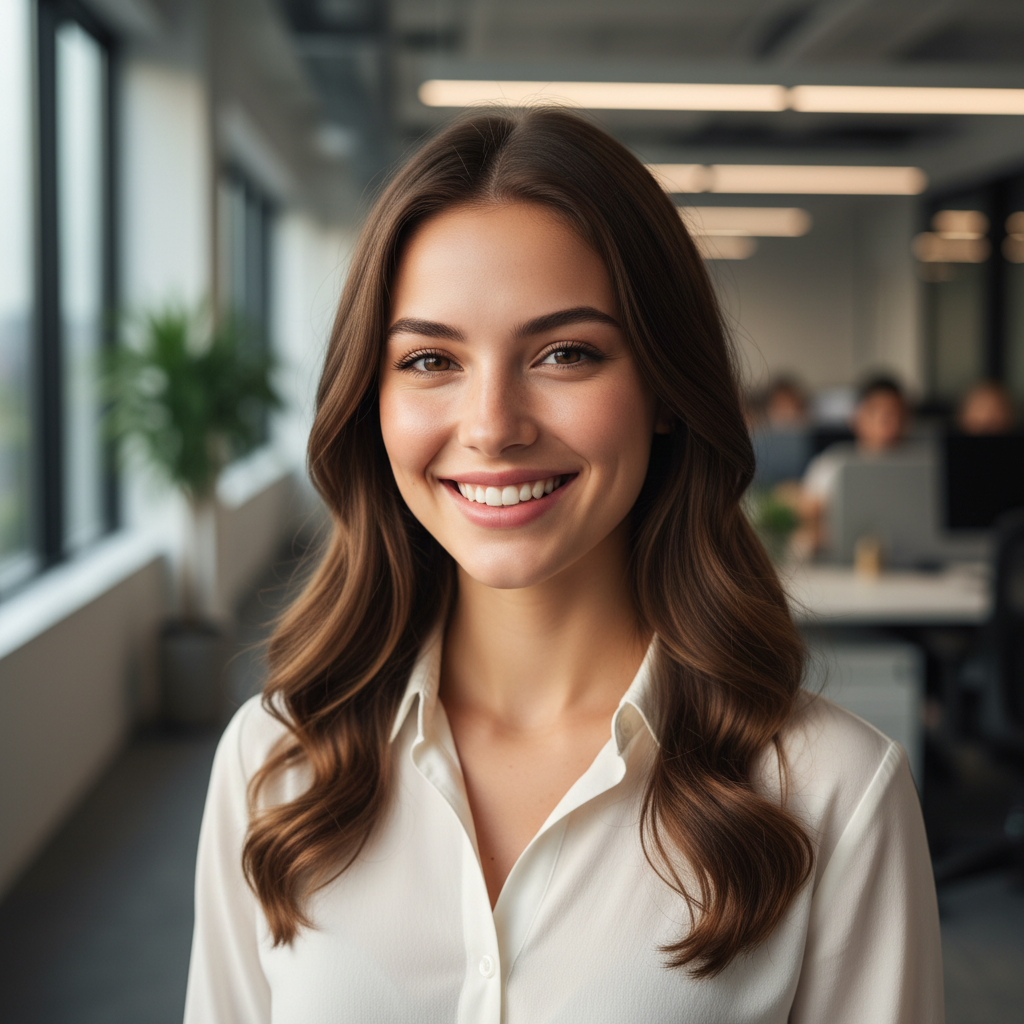 Professional portrait of young woman with blonde hair in white blouse smiling warmly in bright office