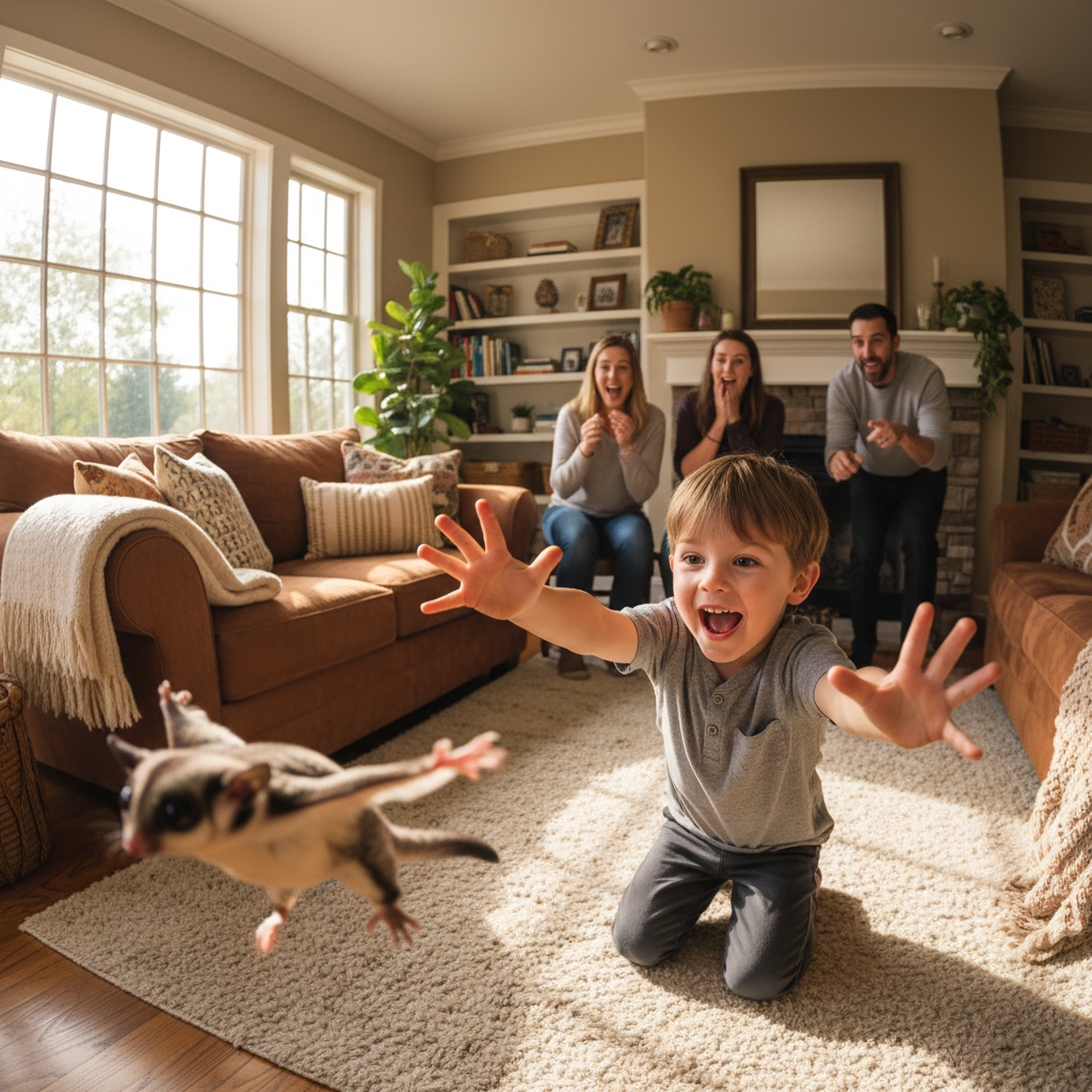 A joyful child with outstretched hand in a living room, a sugar glider mid-glide through the air with its patagium membrane spread wide, family members watching in amazement