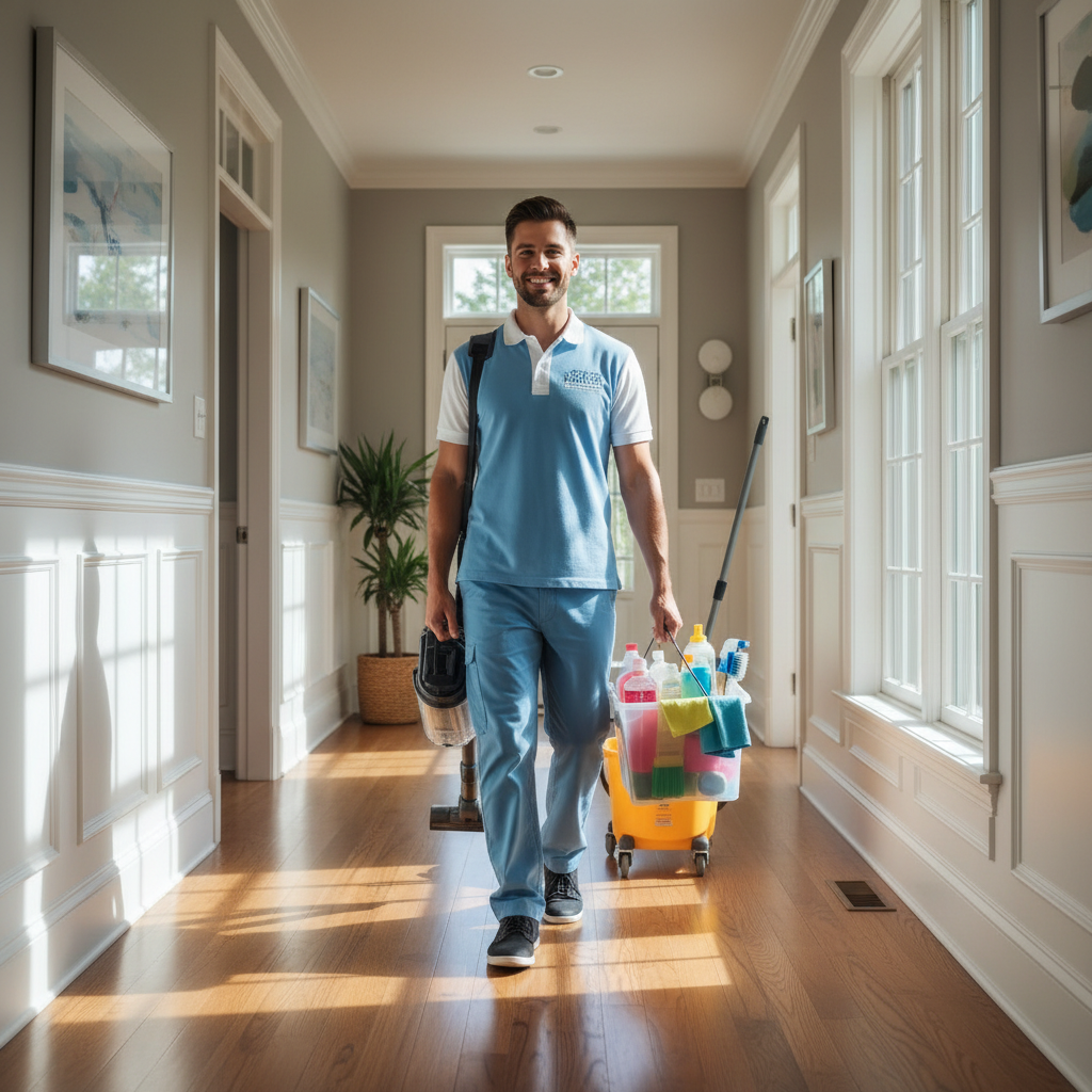 Professional cleaning team member in uniform carrying supplies in a bright clean home interior