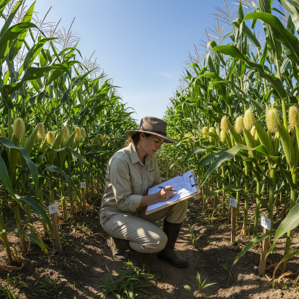 Agronomist recording yield data in corn research trial plot at Tillage University — clipboard notes, corn tassels visible