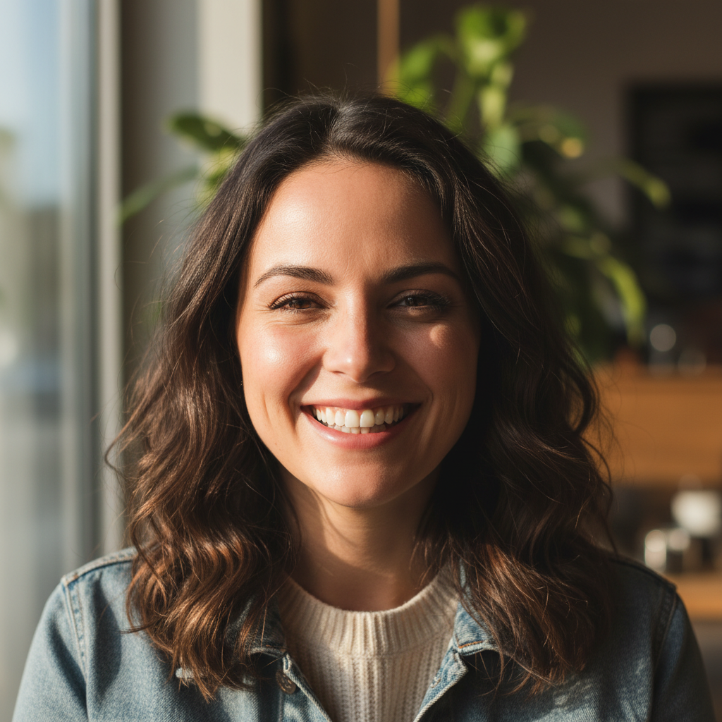 Portret van een vrouwelijke huiseigenaar, vriendelijk glimlachend, lichte achtergrond