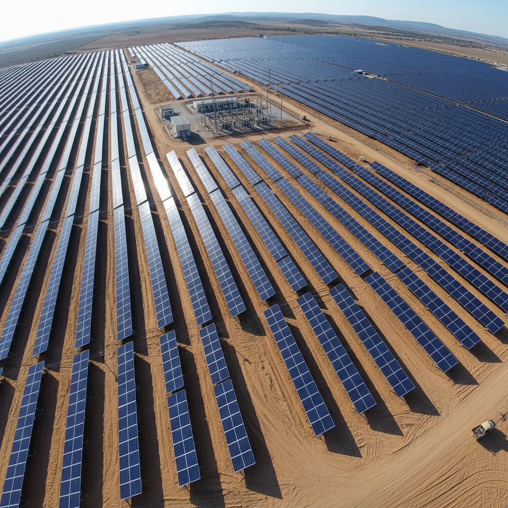 Aerial view of a massive 100-acre solar farm with rows of panels extending to the horizon under a warm orange sky