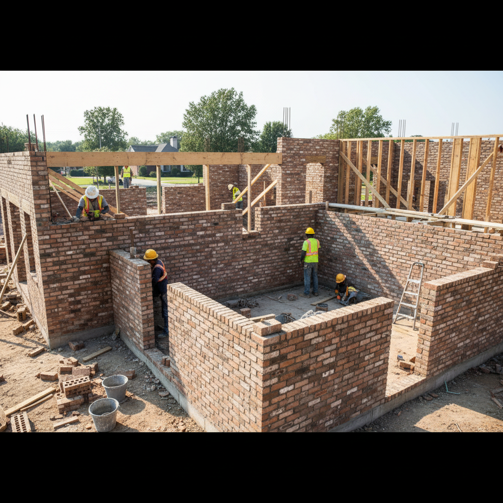 Newly built brick residential house in South Africa, bright daylight, clear sky, clean construction