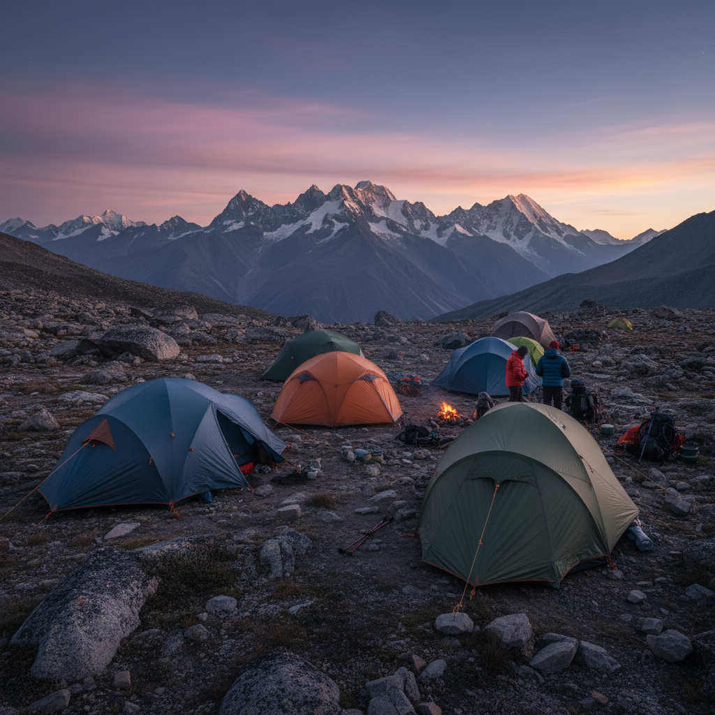 Expedition team gathered at mountain camp at dusk, warm light from tents, vast wilderness around them