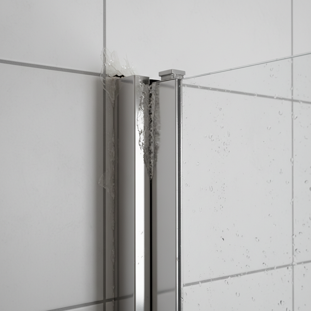 Shower door frame installed out of plumb with visible gap at corner