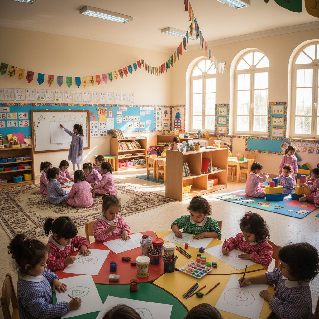 Children learning language in a colorful classroom setting