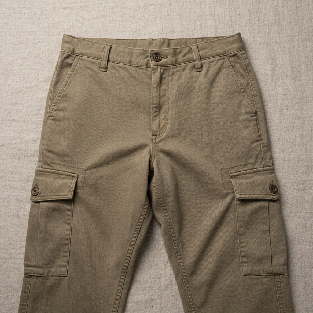 Low-rise cargo set in khaki, bright studio, well-lit fashion editorial