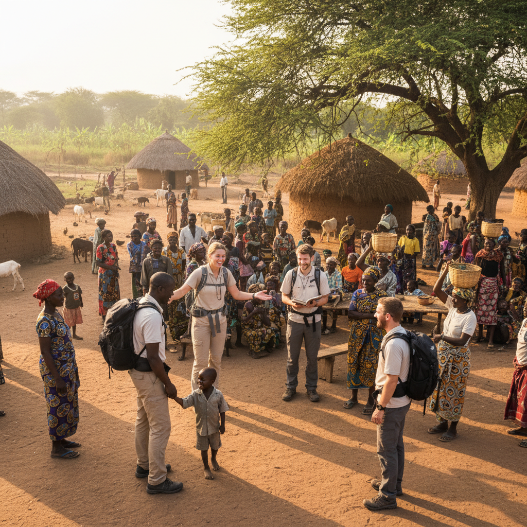Medical team conducting field research in African rural community, outdoor natural lighting, warm afternoon sun