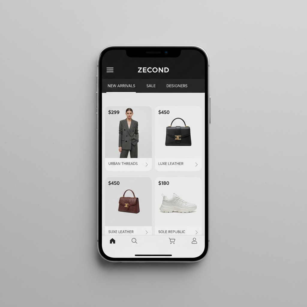 Pantalla de teléfono mostrando la app ZECOND con productos de moda