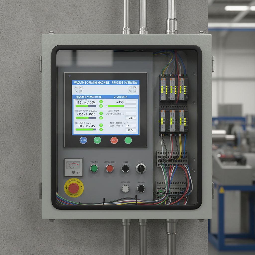 Industrial control panel with touchscreen HMI and PLC for vacuum forming machine, showing process parameters and cycle data