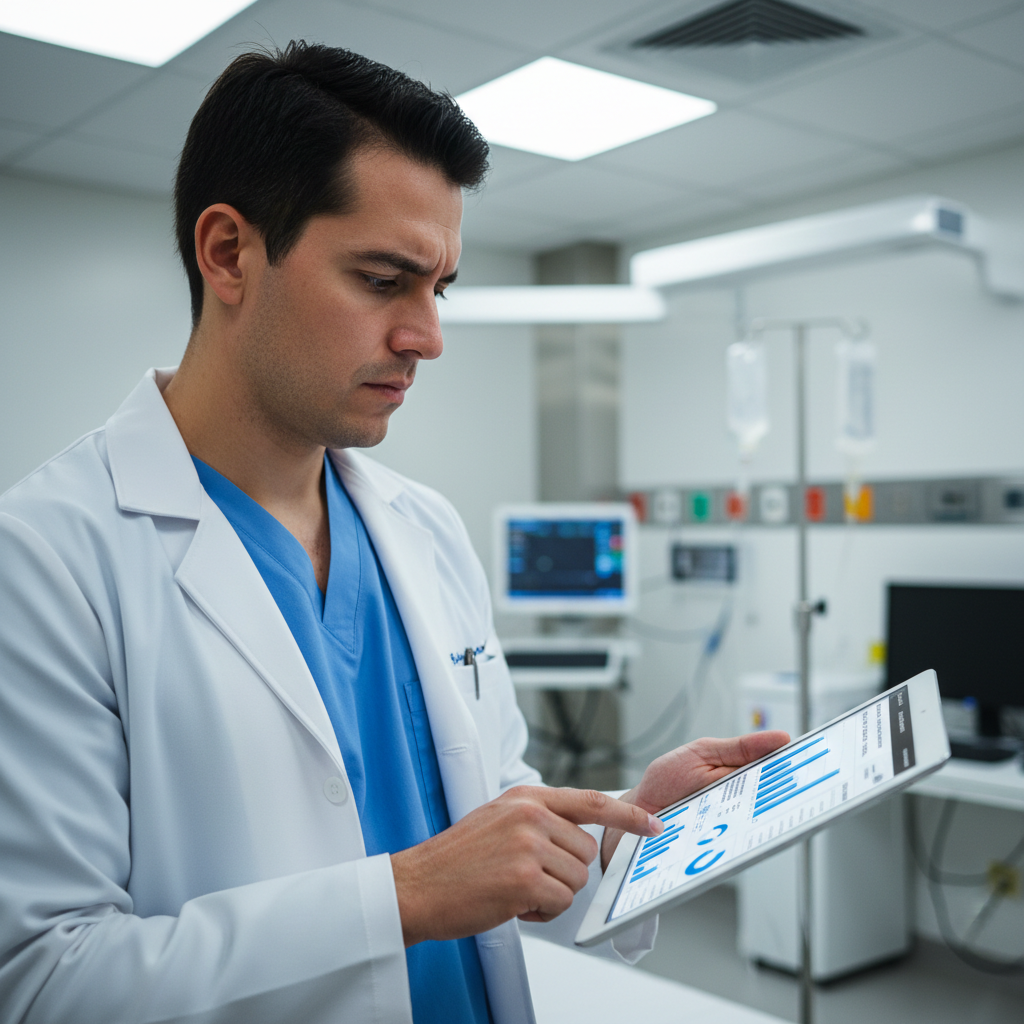 Étudiant marocain en médecine consultant des dossiers médicaux électroniques sur un ordinateur dans un service hospitalier