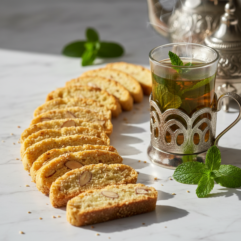 Moroccan mint tea served on ornate silver tray — warm hospitality scene with golden afternoon light, terracotta tagine in background
