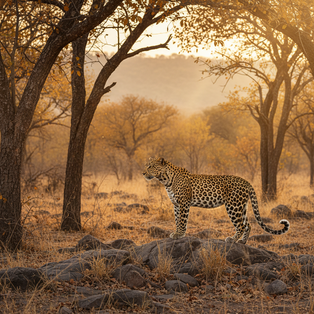 Limpopo game reserve landscape, African bushveld, golden hour, wide open savanna