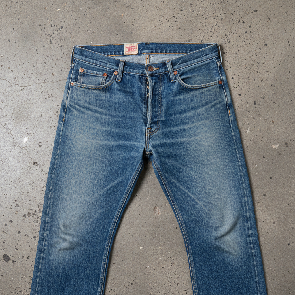 Vintage Levis 501 jeans laid flat on concrete floor with original blank tab visible