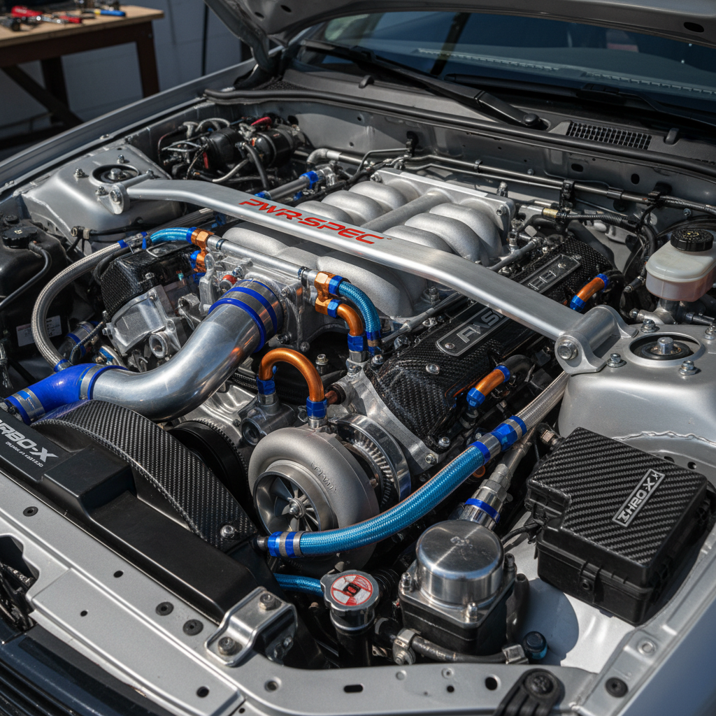 Aftermarket modified engine bay with performance intake strut brace and silicone hoses installed