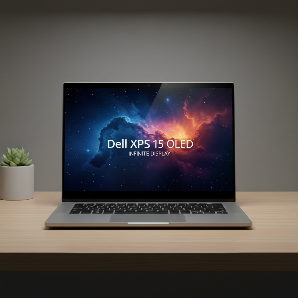 Dell XPS 15 أسود يعرض شاشة OLED