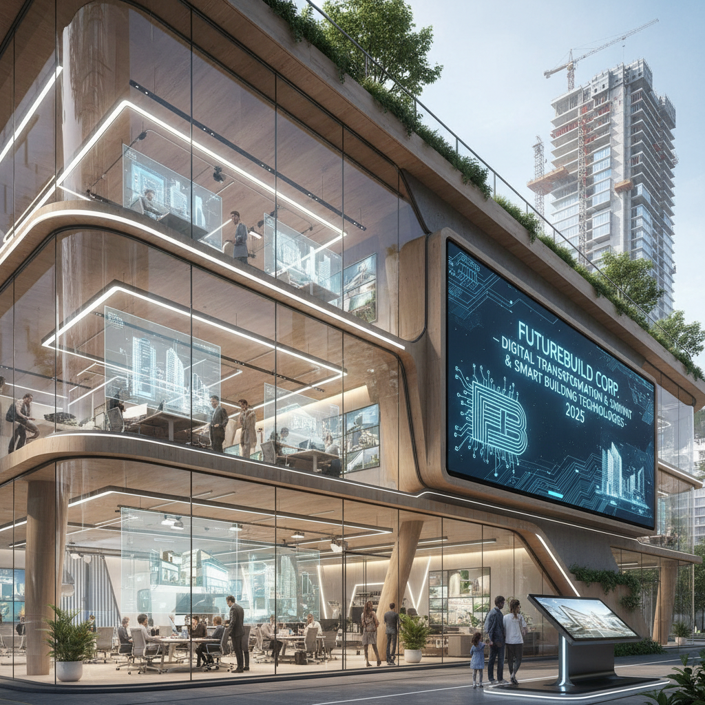 Modern office with AV systems and digital display screens