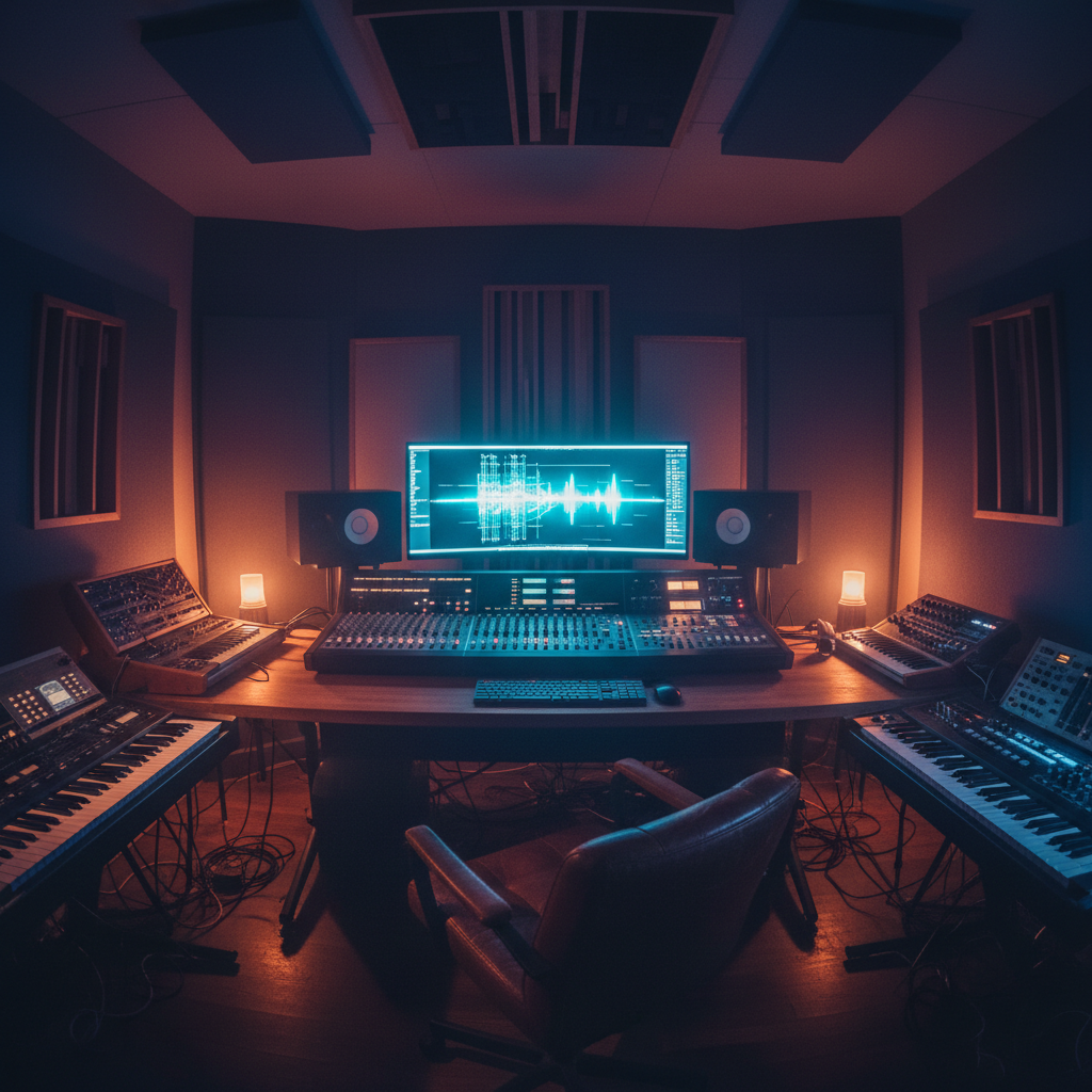 Dark atmospheric recording studio with moody low-key lighting, deep shadows, mixing console in foreground, dim amber glow, cinematic atmosphere