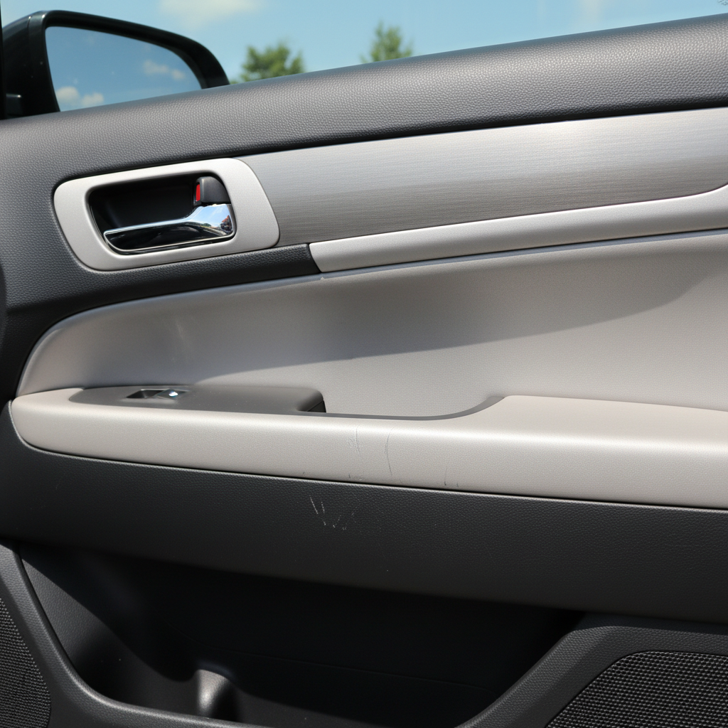 Passenger side front door panel in silver, light scratches on lower edge, glass intact
