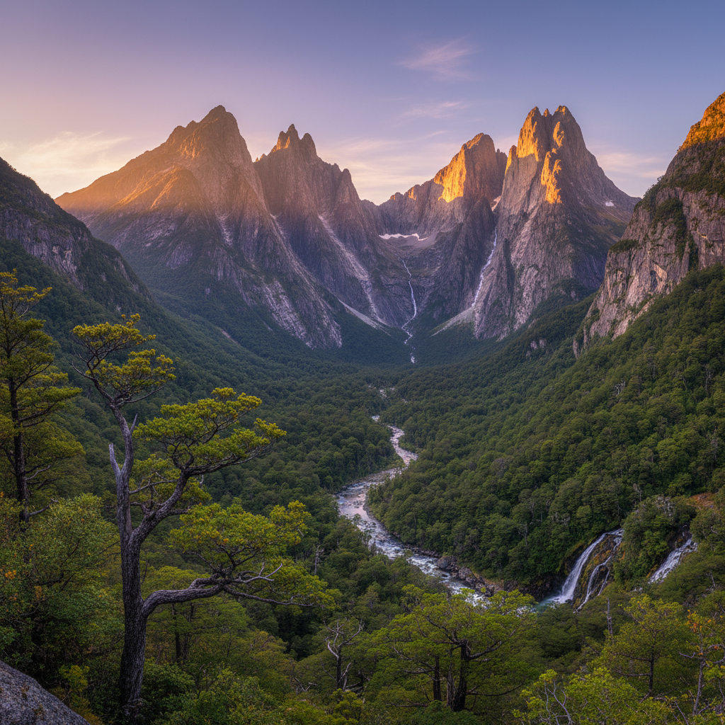 Torres de granito del Valle de Cochamó al amanecer