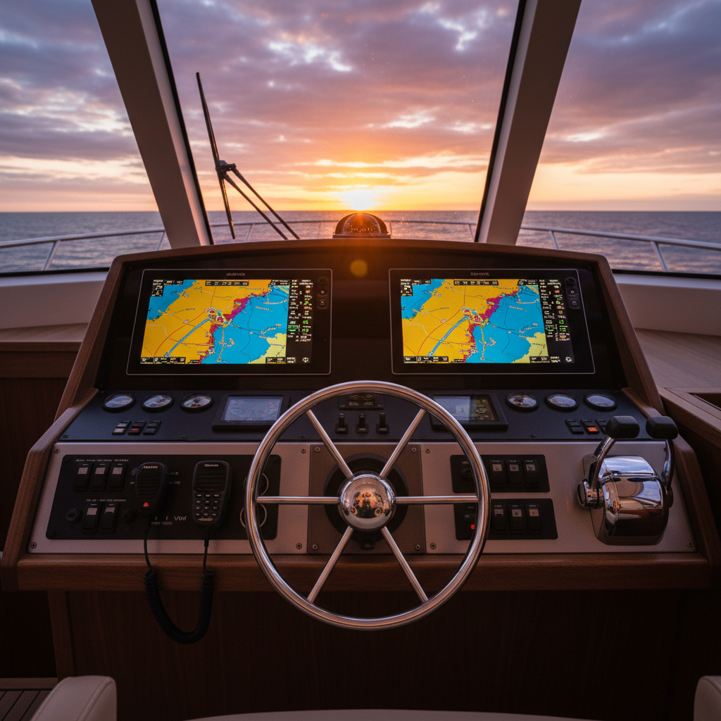 Helm station with dual Garmin chartplotters, stainless wheel, and VHF radio at sunset