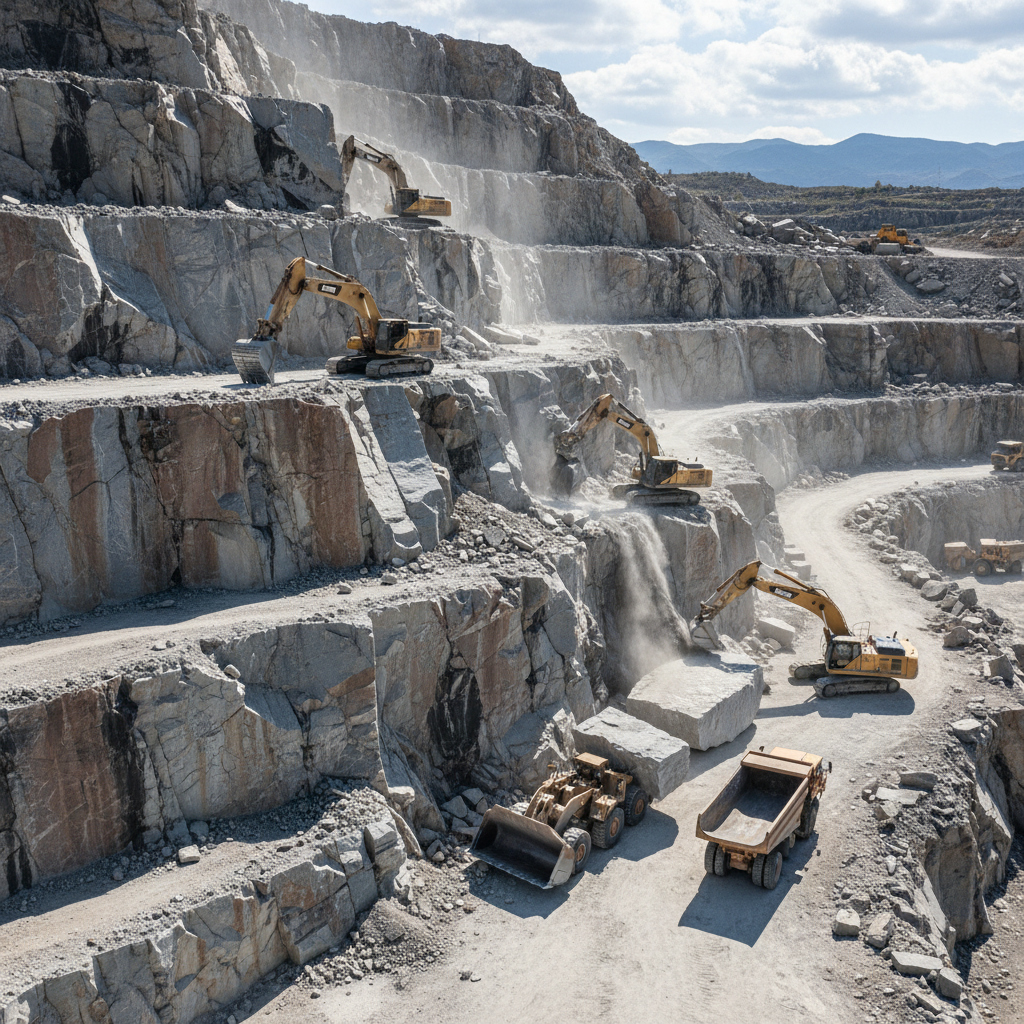 Granite quarry face with bench cut extraction showing raw stone blocks and heavy equipment