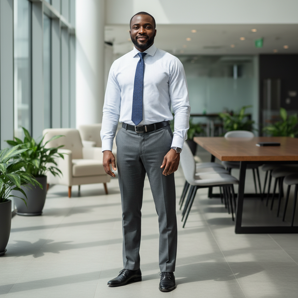 Young Nigerian professional man, casual smart look, outdoor setting