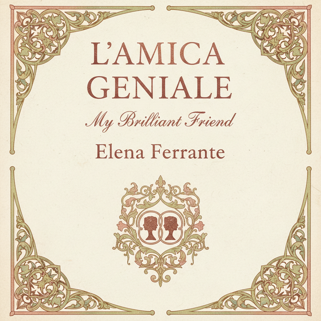 Cream and rose cover with ornate Italian typography, My Brilliant Friend