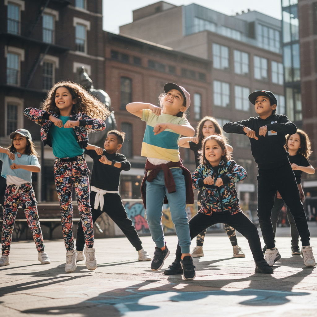 Kids mid-routine dancing together, eyes up, moving with confidence