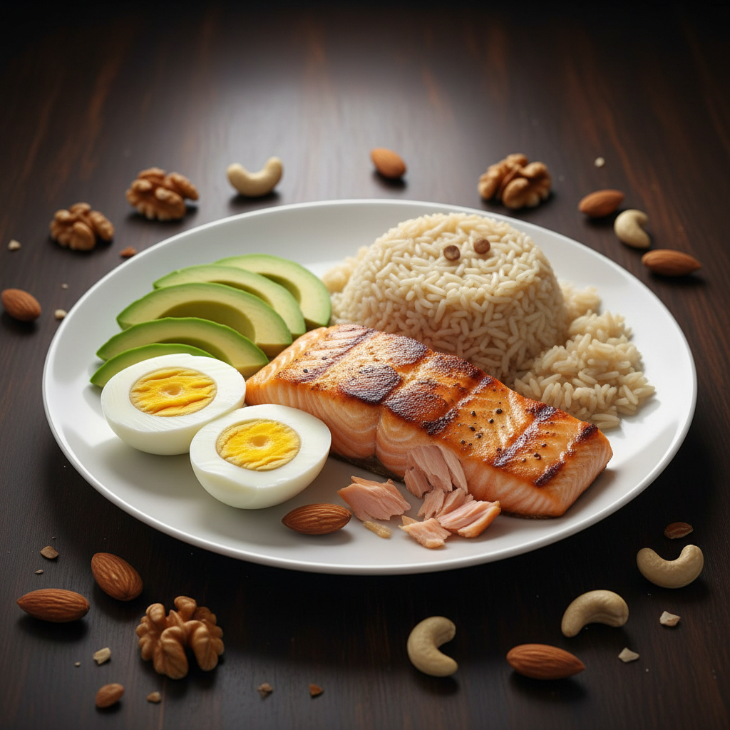 Dark atmospheric keto meal with avocado, salmon, eggs, and nuts on black slate, deep moody shadows